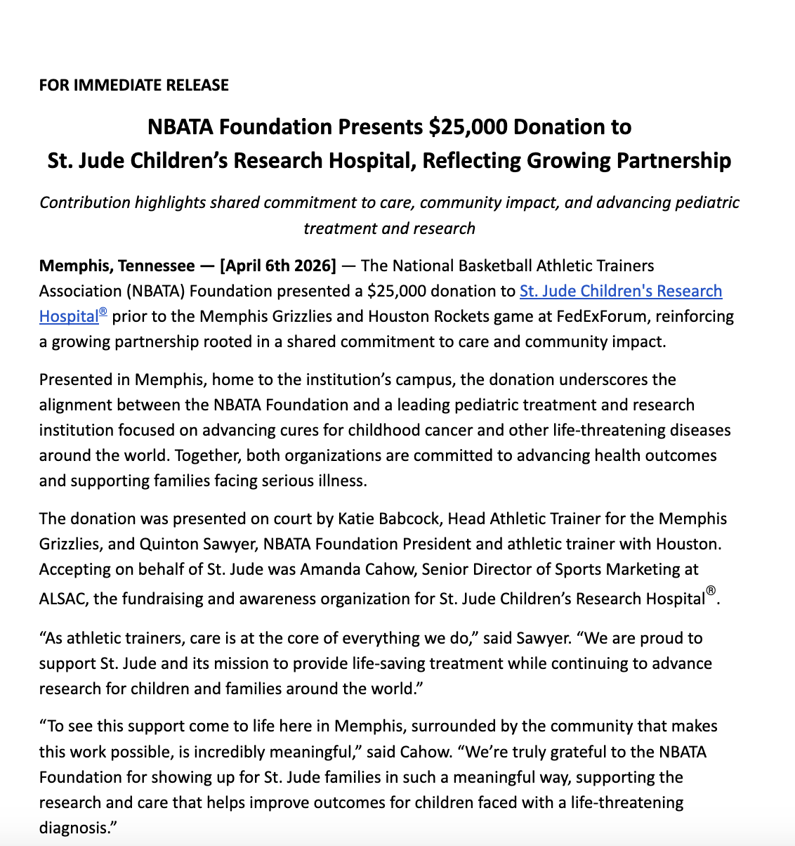 Nbata NBATA Foundation Presents $25,000 Donation to St. Jude Children’s ...