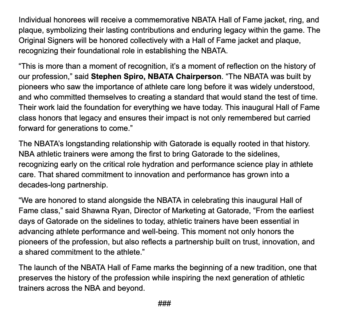 Nbatae NBATA and Gatorade Performance Partner Announce Inaugural Hall of Fame ...